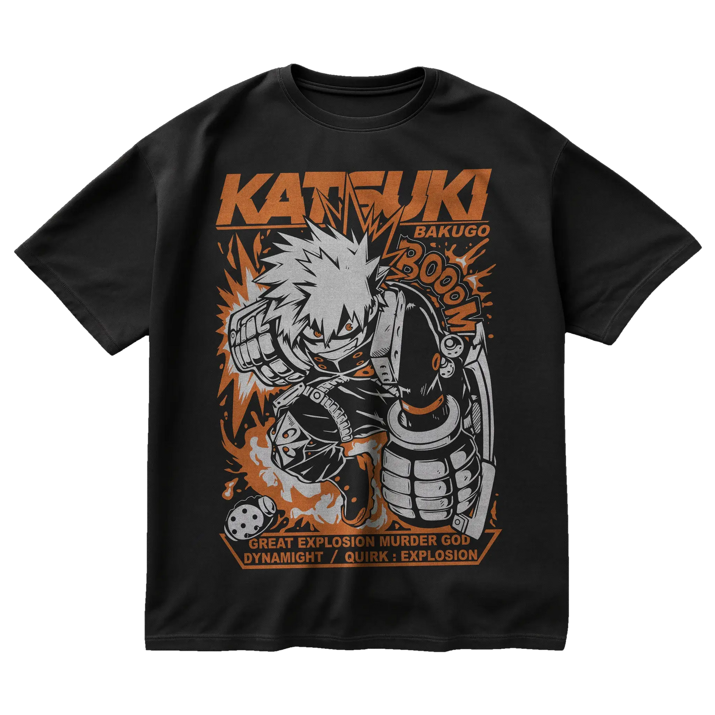 Katsuki Bakugo Dynamight t-shirt from My Hero Academia with explosion quirk and comic-style design
