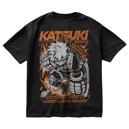 Katsuki Bakugo Dynamight t-shirt from My Hero Academia with explosion quirk and comic-style design