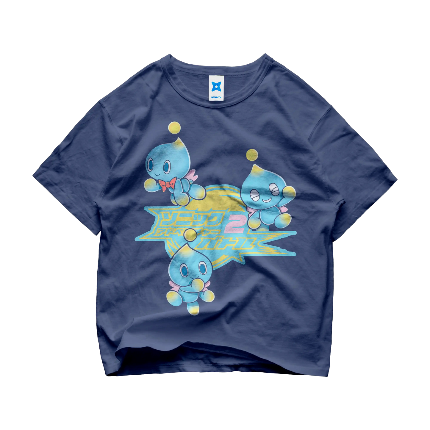 Navy Chao Garden t-shirt featuring three cute Chao from Sonic Adventure 2 with Japanese logo