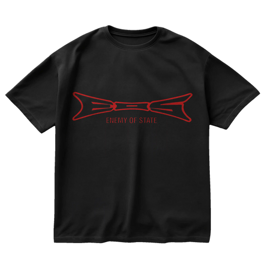 Black t-shirt with red BOG logo and “Enemy of State” slogan in minimalist cyberpunk style