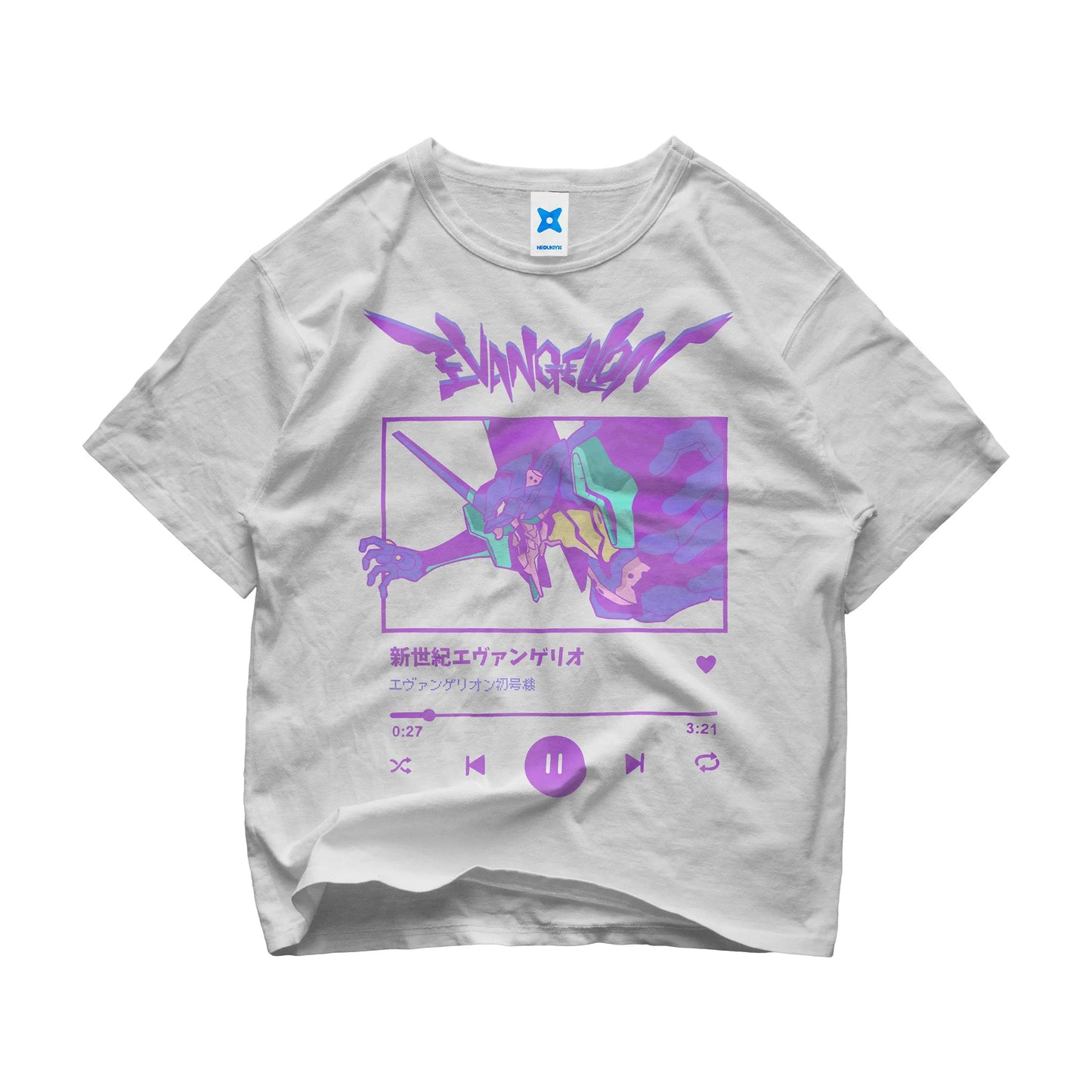 Evangelion vaporwave t-shirt with Eva Unit-01 in purple aesthetic and music player design