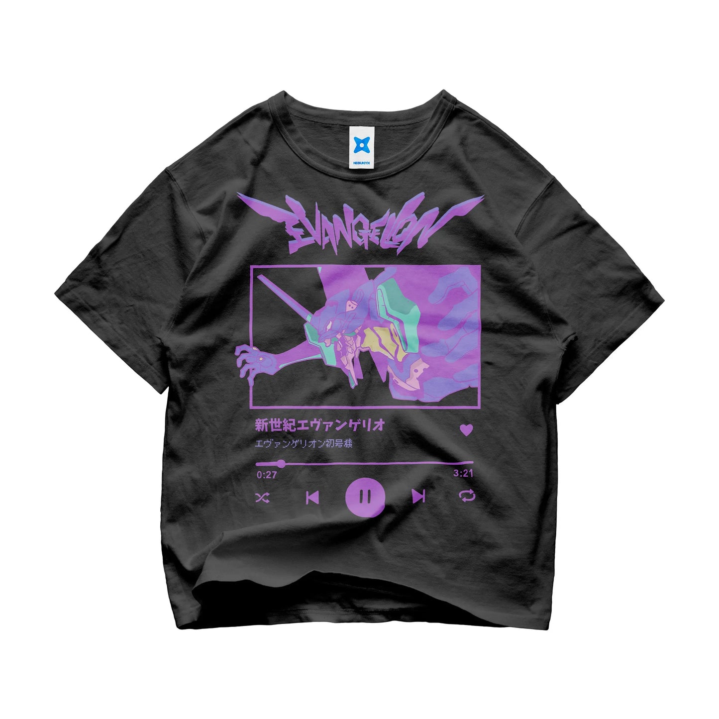 Evangelion vaporwave black t-shirt with Eva Unit-01 in purple aesthetic and music player design