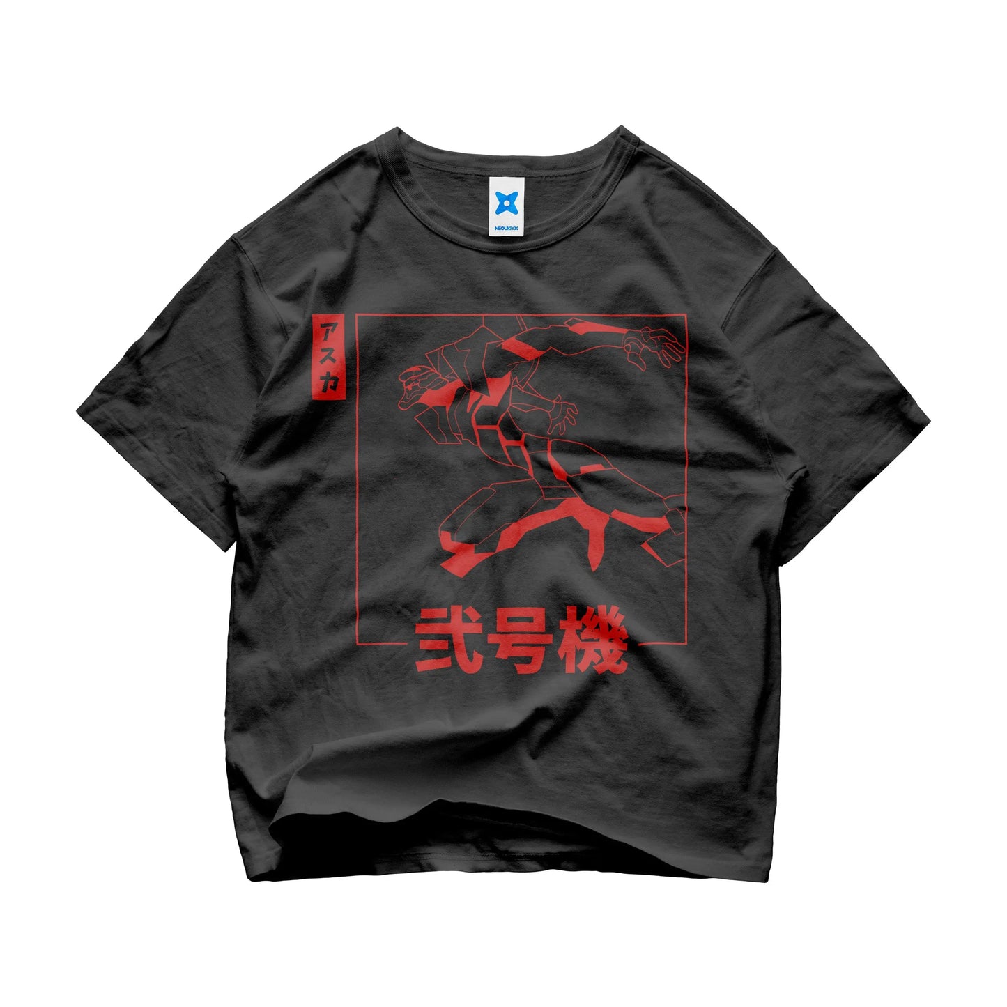 Evangelion black t-shirt with red Eva Unit-02 outline and Japanese text referencing Asuka and the mech
