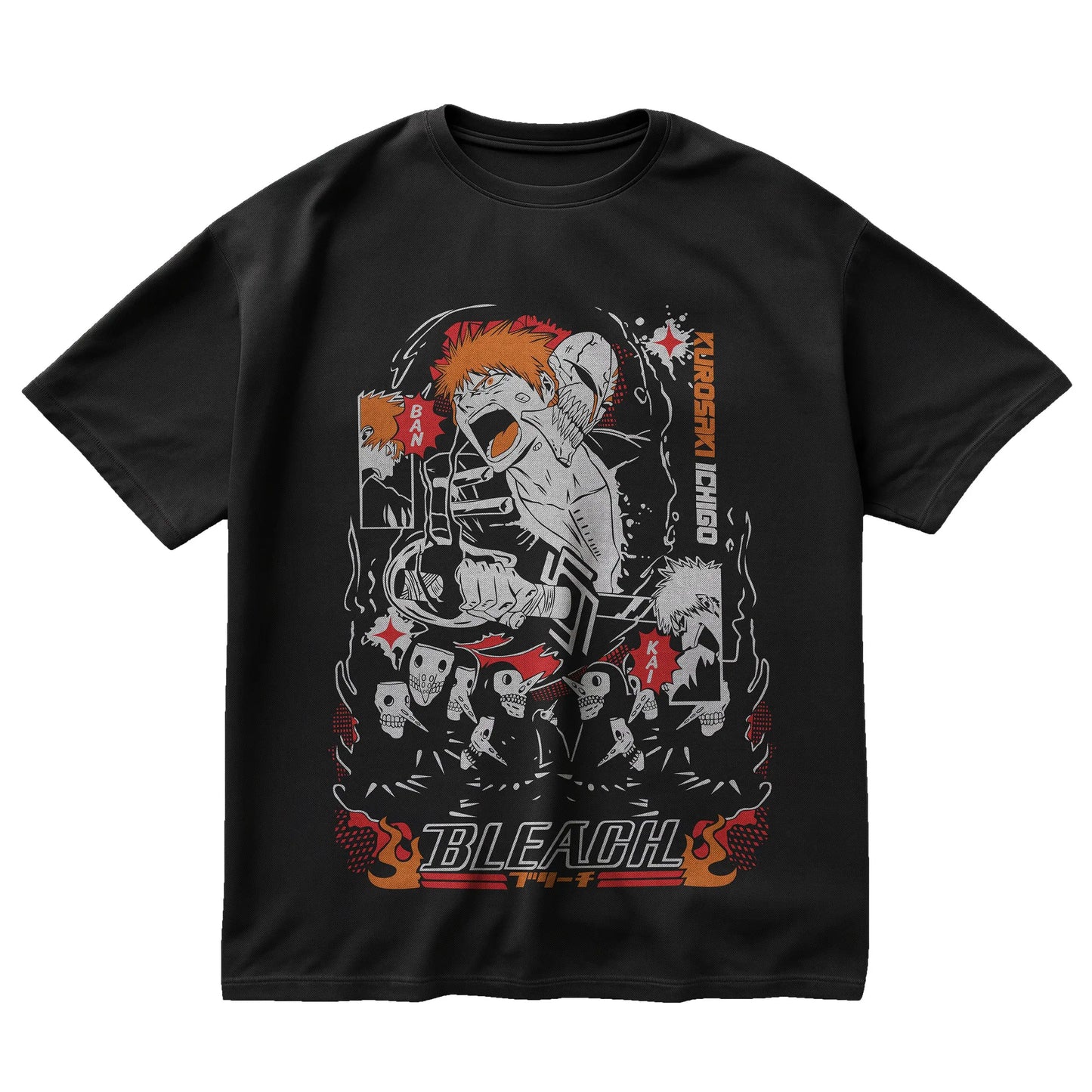 Ichigo Kurosaki t-shirt from Bleach with manga panel battle design, Hollow masks, and action text
