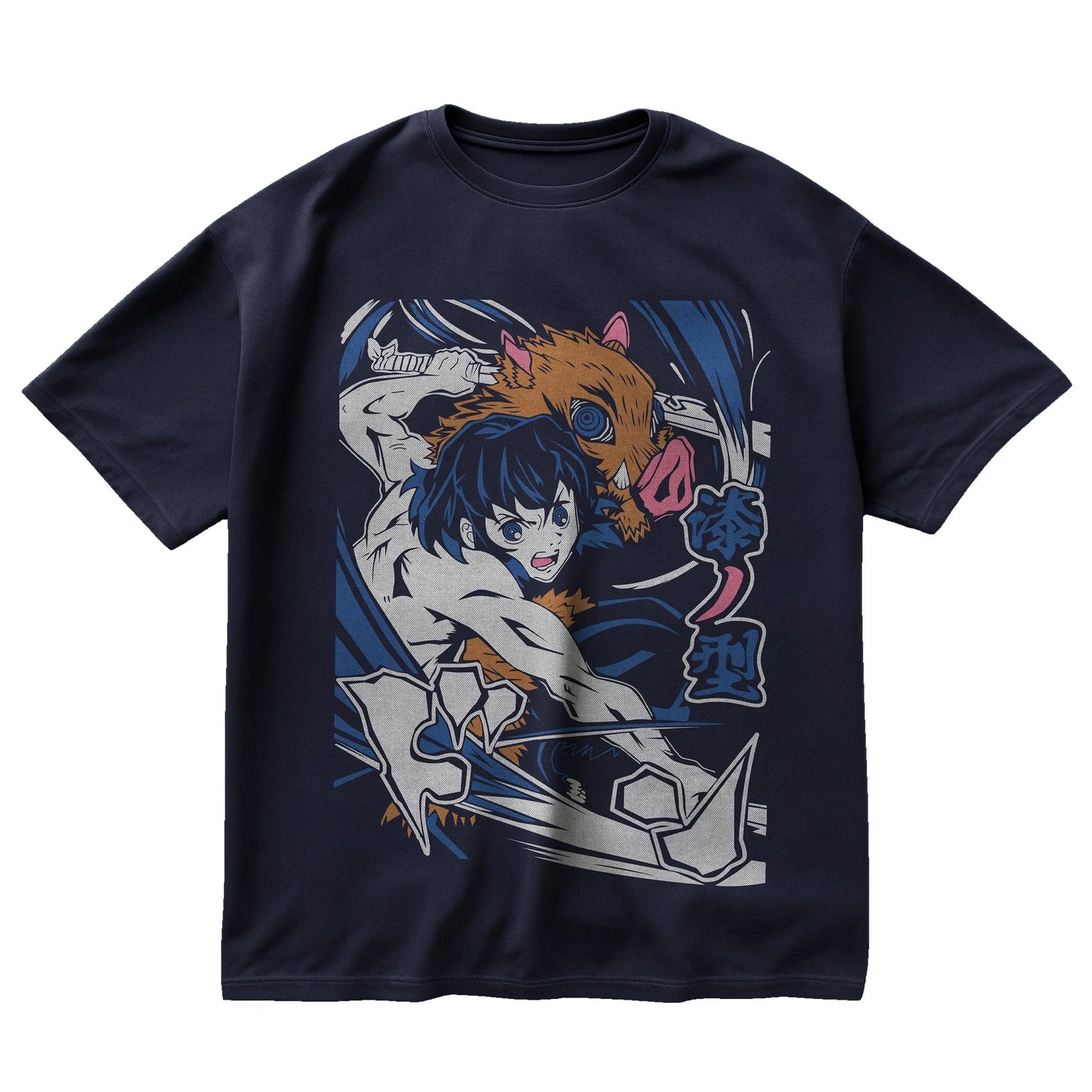 Inosuke Hashibira t-shirt from Demon Slayer with boar mask and dual swords in manga-style action design