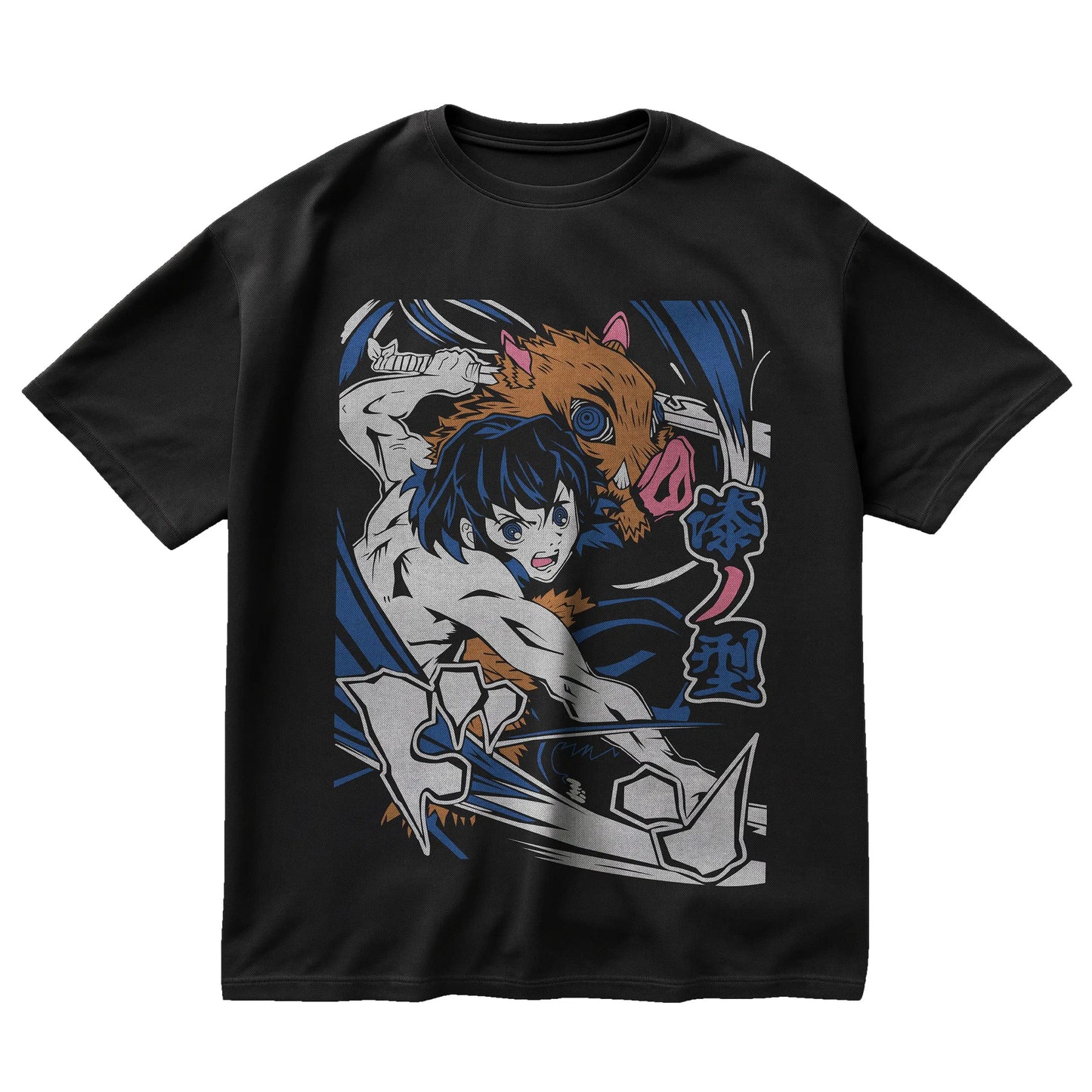 Inosuke Hashibira black t-shirt from Demon Slayer with boar mask and dual swords in manga-style action design