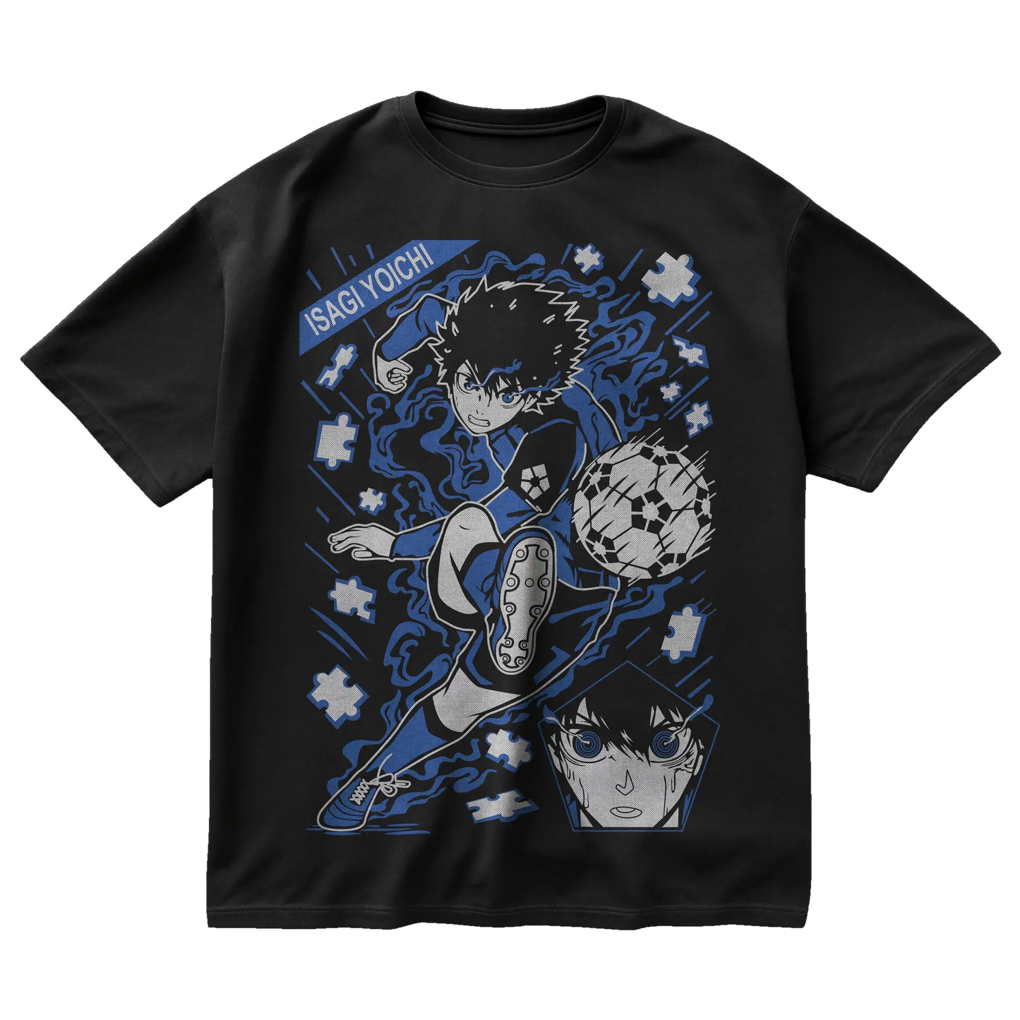 Isagi Yoichi t-shirt from Blue Lock with puzzle graphics and dynamic soccer action pose