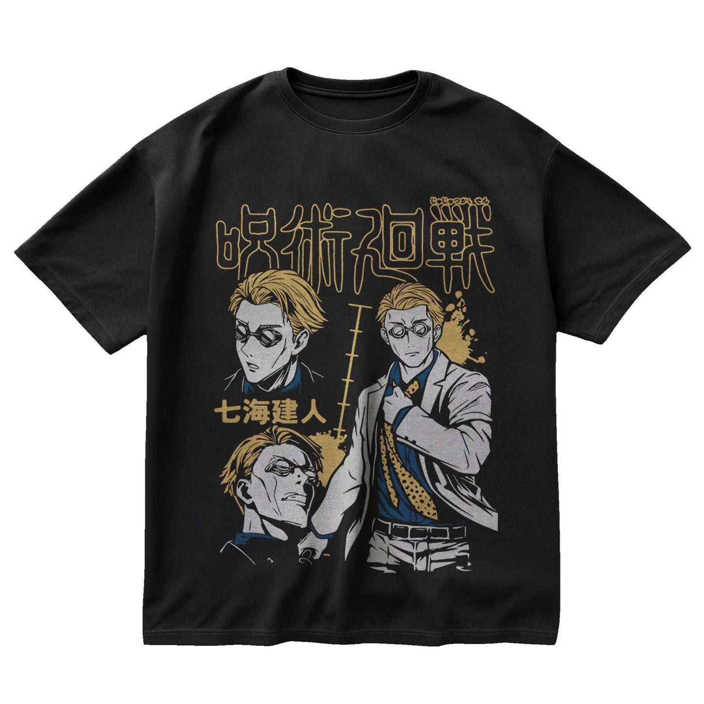 Kento Nanami black t-shirt from Jujutsu Kaisen with multiple poses, glasses, and office attire in manga style