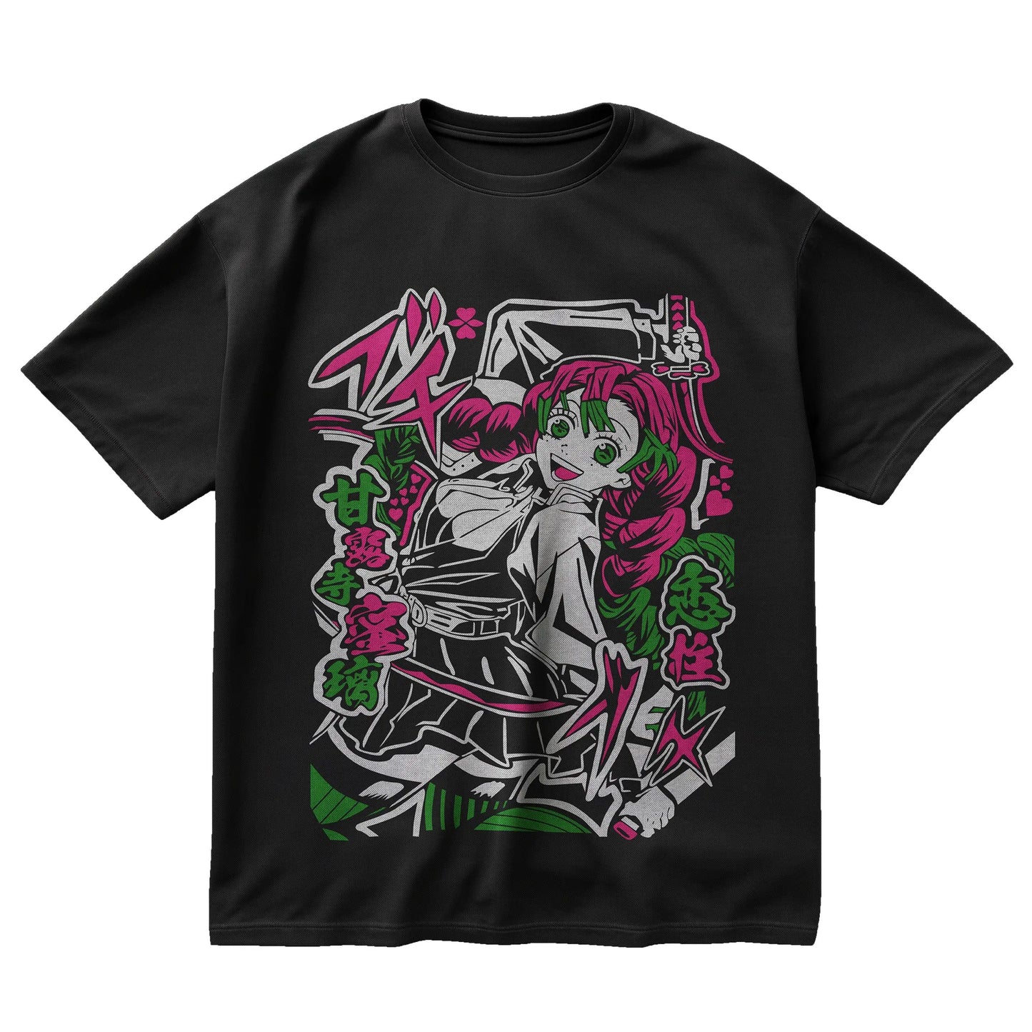 Mitsuri Kanroji black t-shirt from Demon Slayer with manga style design and bright pink-green accents