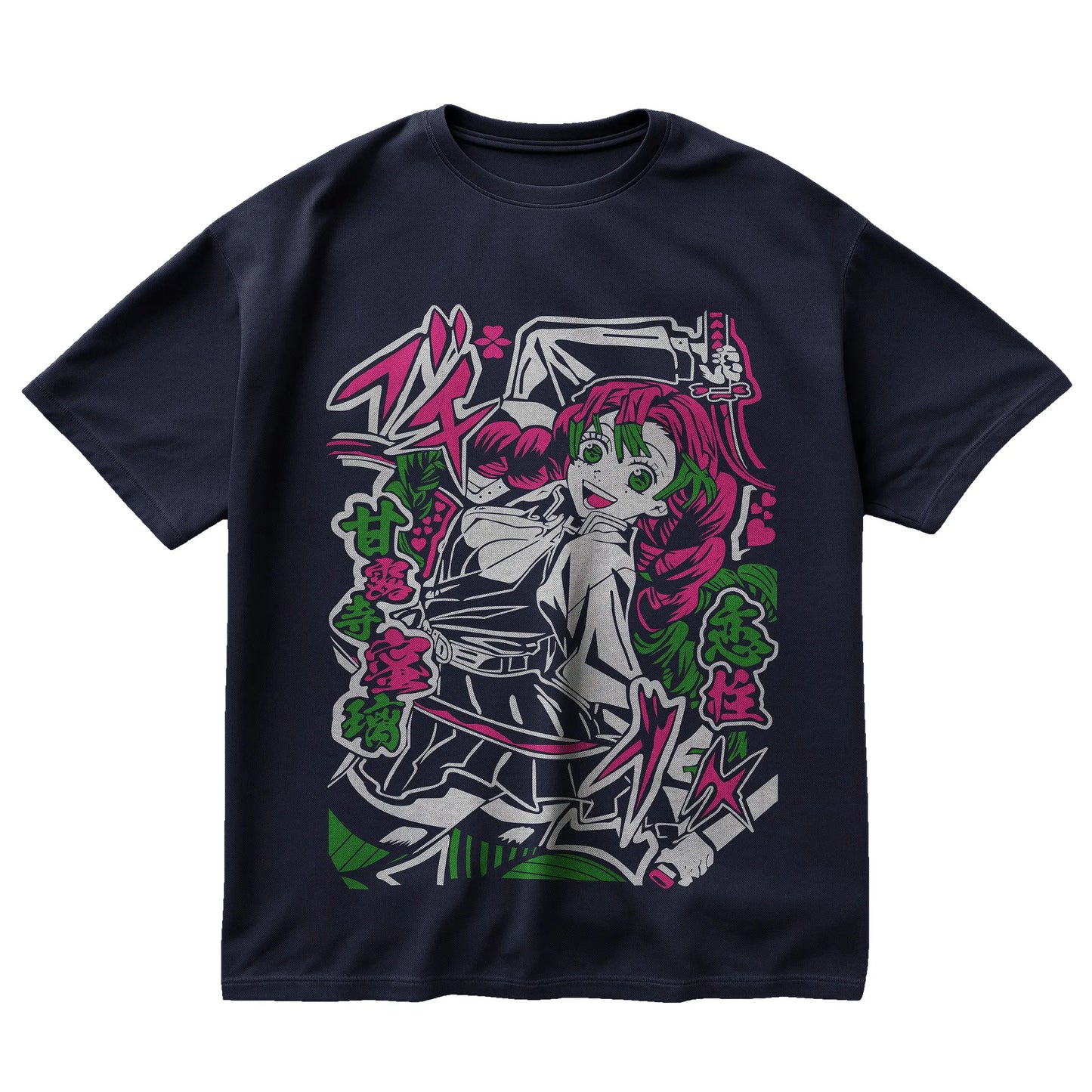 Mitsuri Kanroji navy t-shirt from Demon Slayer with manga style design and bright pink-green accents