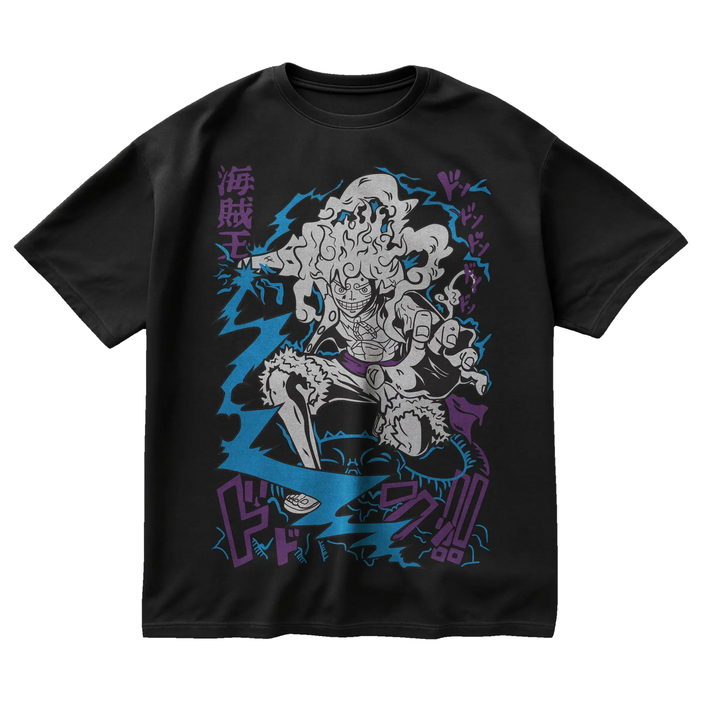 Luffy Gear 5 t-shirt from One Piece featuring Nika form in comic-style with lightning and Japanese effects