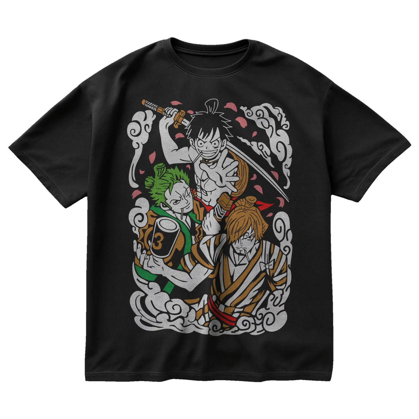 One Piece Wano Arc t-shirt featuring Luffy, Zoro, and Sanji in samurai outfits with sakura and clouds
