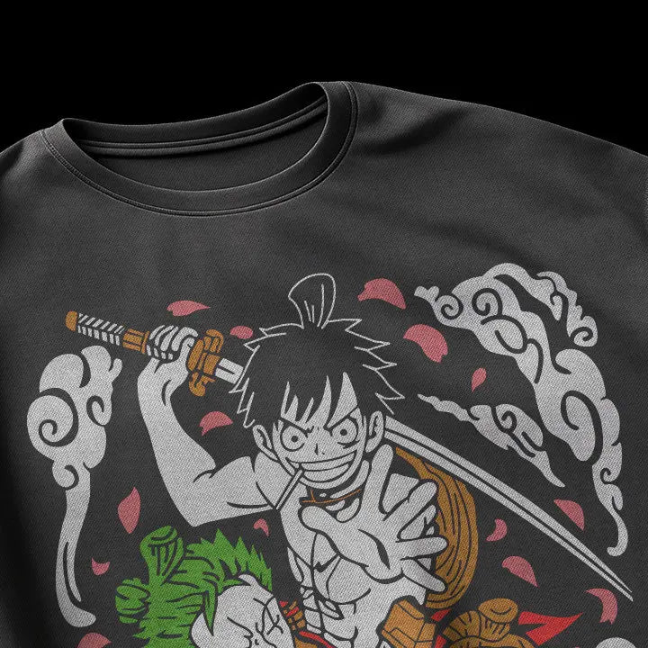 One Piece Wano Arc neck t-shirt featuring Luffy, Zoro, and Sanji in samurai outfits with sakura and clouds