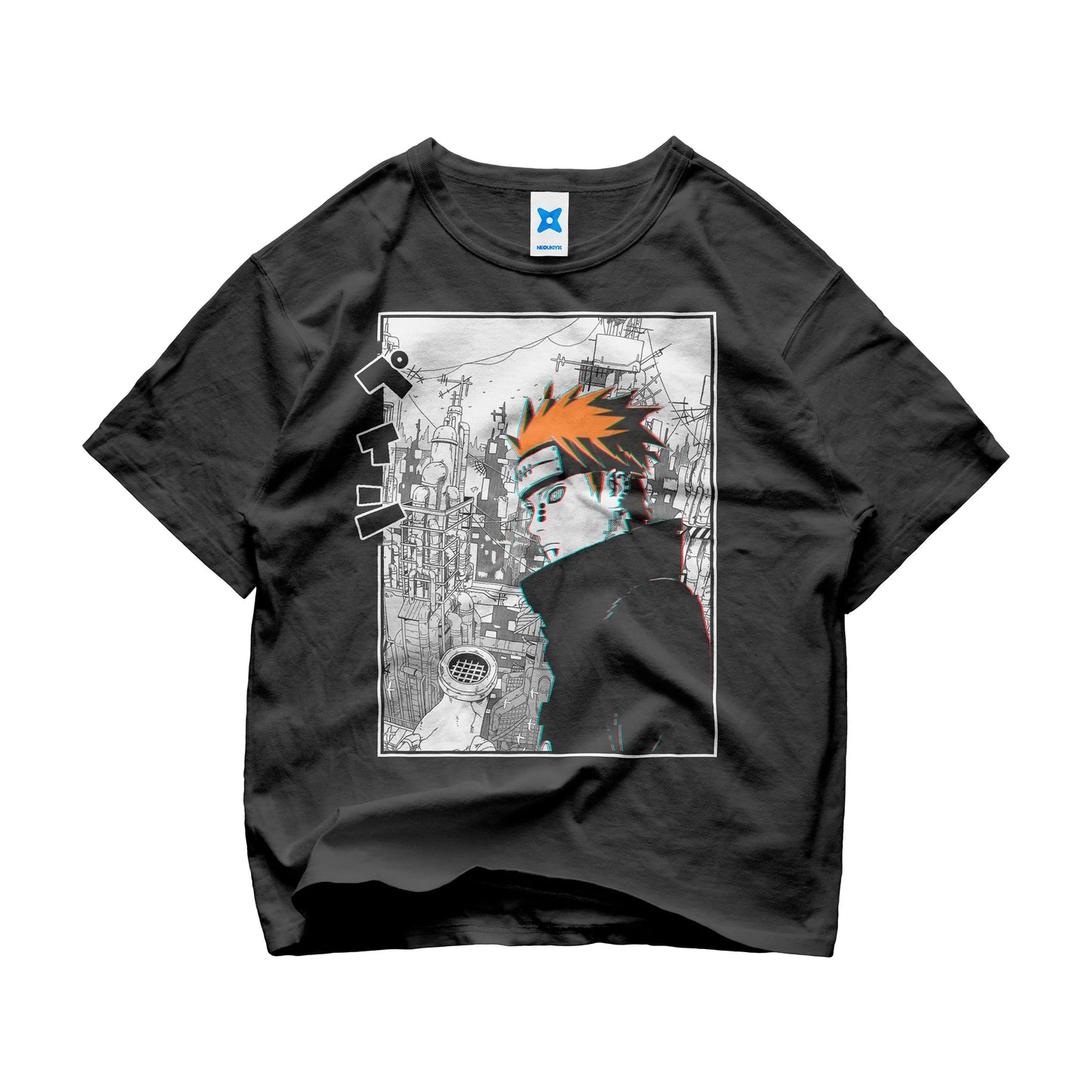 Pain black t-shirt from Naruto Shippuden with cyberpunk glitch art and industrial background