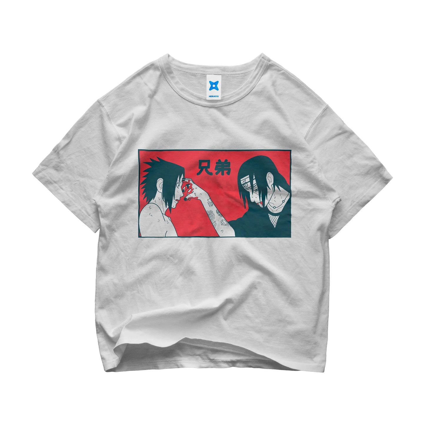 Itachi and Sasuke Uchiha t-shirt from Naruto Shippuden with “brothers” kanji and final forehead poke scene