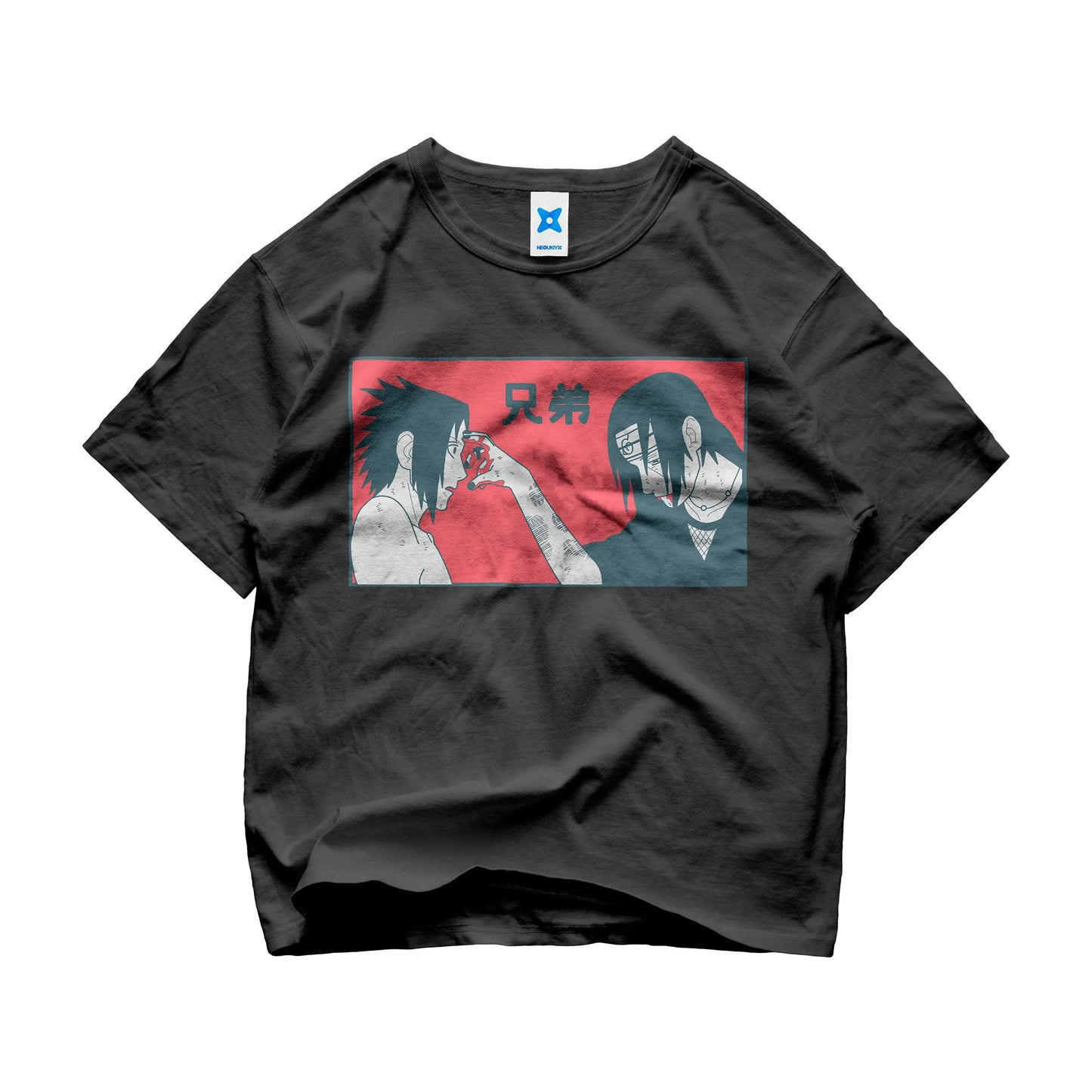 Itachi and Sasuke Uchiha black t-shirt from Naruto Shippuden with “brothers” kanji and final forehead poke scene
