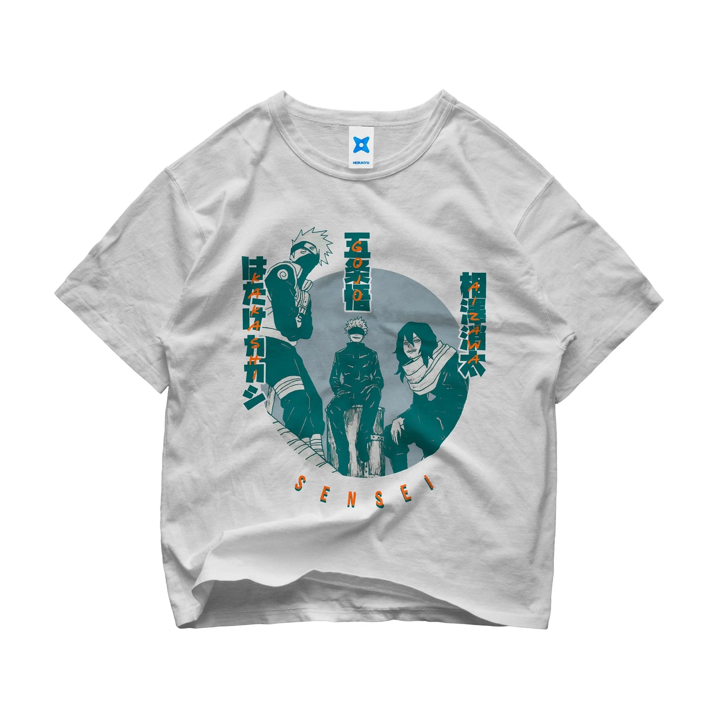 Anime Sensei t-shirt featuring Kakashi, Gojo, and Aizawa with Japanese names and circular design