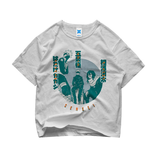 Anime Sensei t-shirt featuring Kakashi, Gojo, and Aizawa with Japanese names and circular design