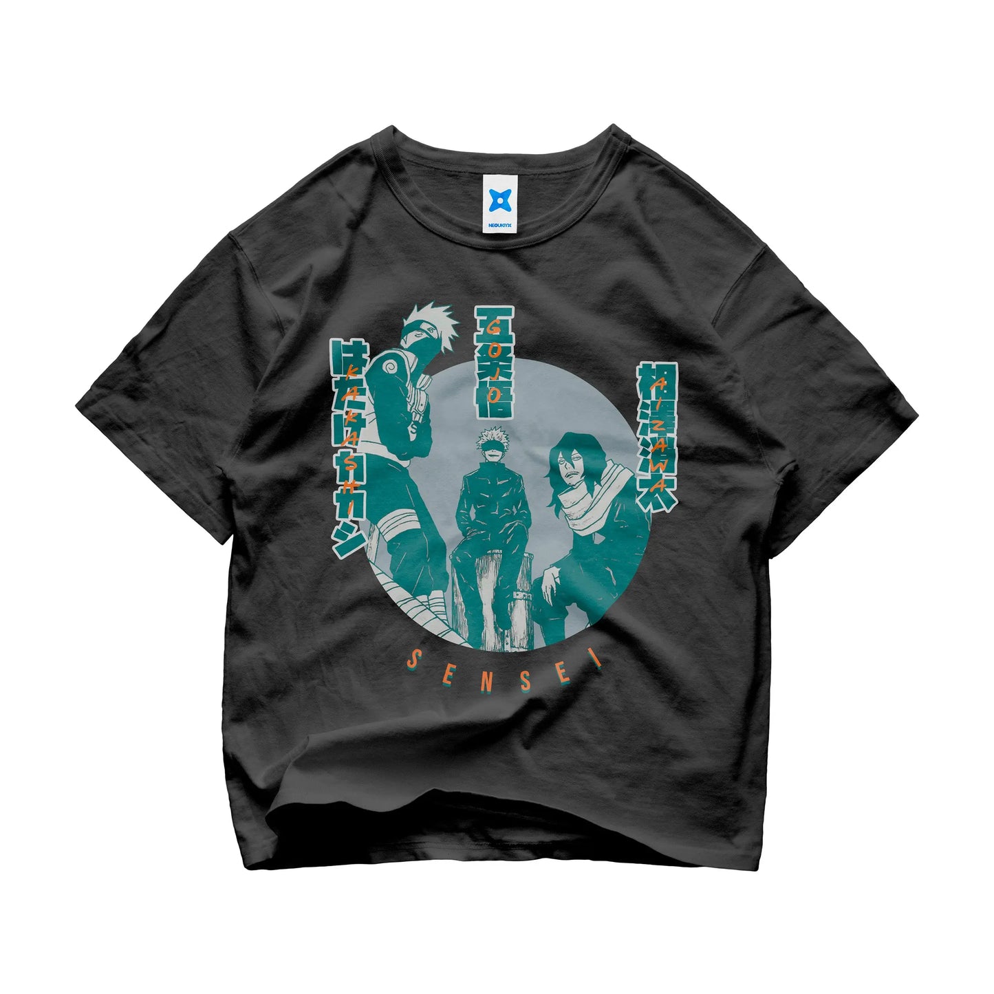 Anime Sensei black t-shirt featuring Kakashi, Gojo, and Aizawa with Japanese names and circular design