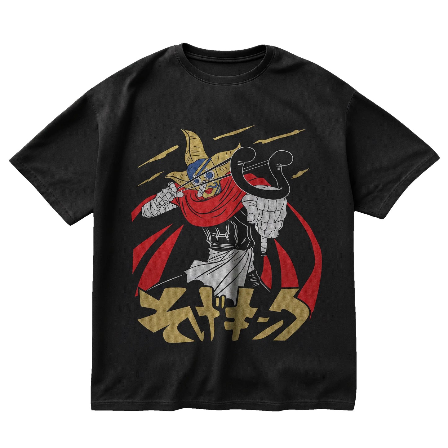 Sogeking t-shirt featuring Usopp’s alter ego from One Piece with mask, cape, and Japanese text