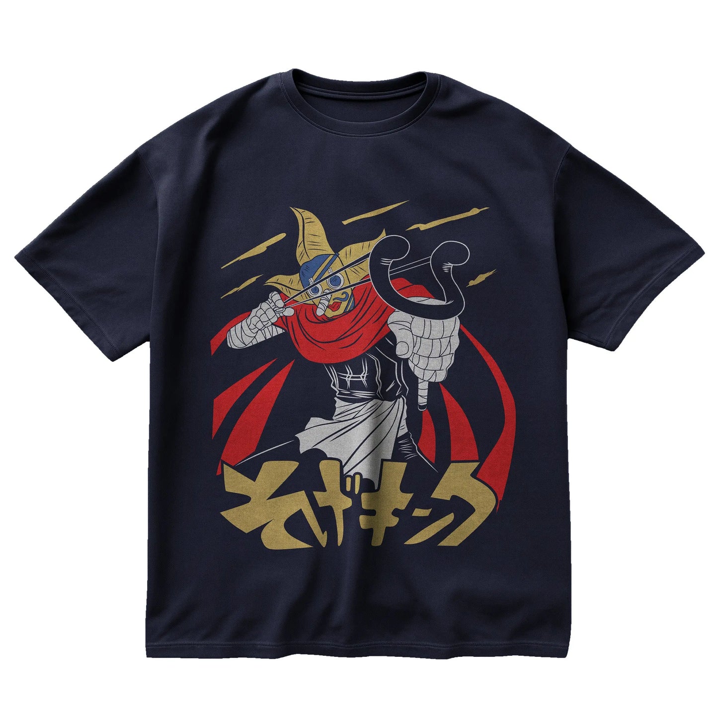 Sogeking navy t-shirt featuring Usopp’s alter ego from One Piece with mask, cape, and Japanese text