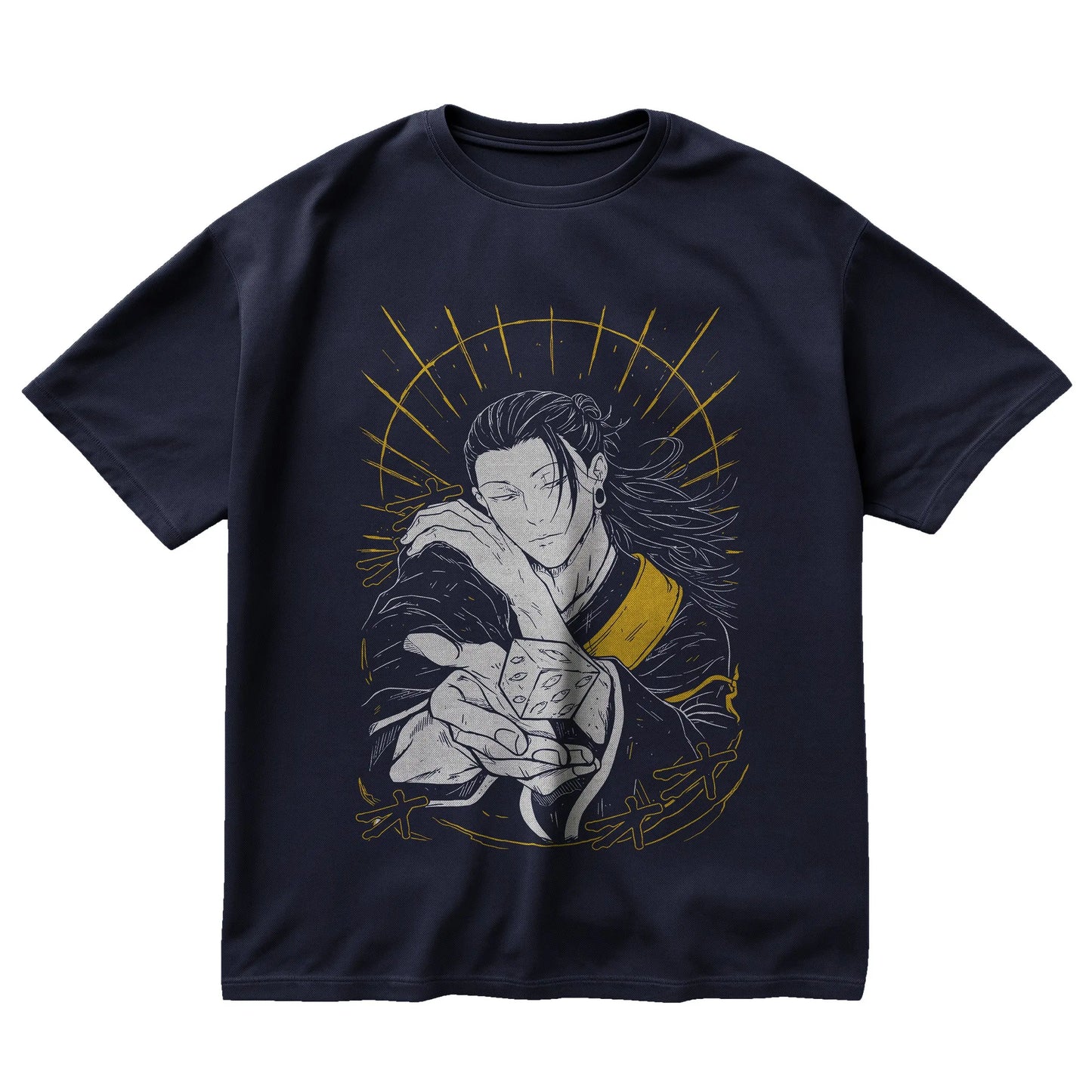Suguru Geto navy t-shirt from Jujutsu Kaisen featuring dice pose, golden halo, and elegant cursed sorcerer design