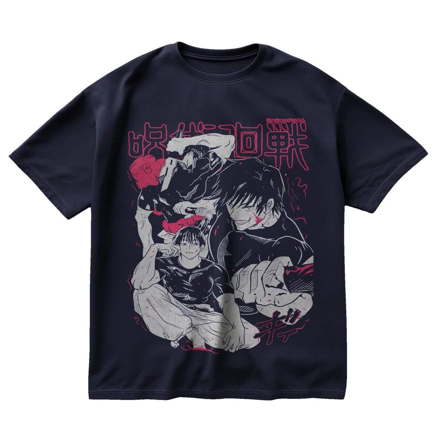 Toji Fushiguro t-shirt from Jujutsu Kaisen with manga collage design and red cursed energy accents