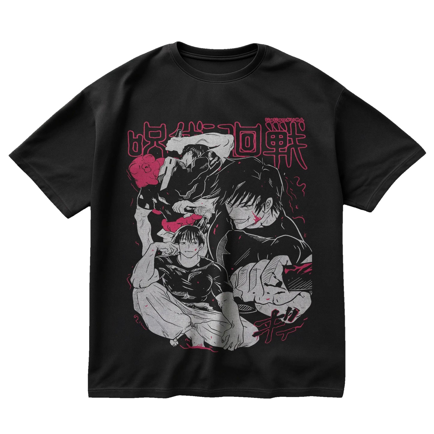 Toji Fushiguro black t-shirt from Jujutsu Kaisen with manga collage design and red cursed energy accents