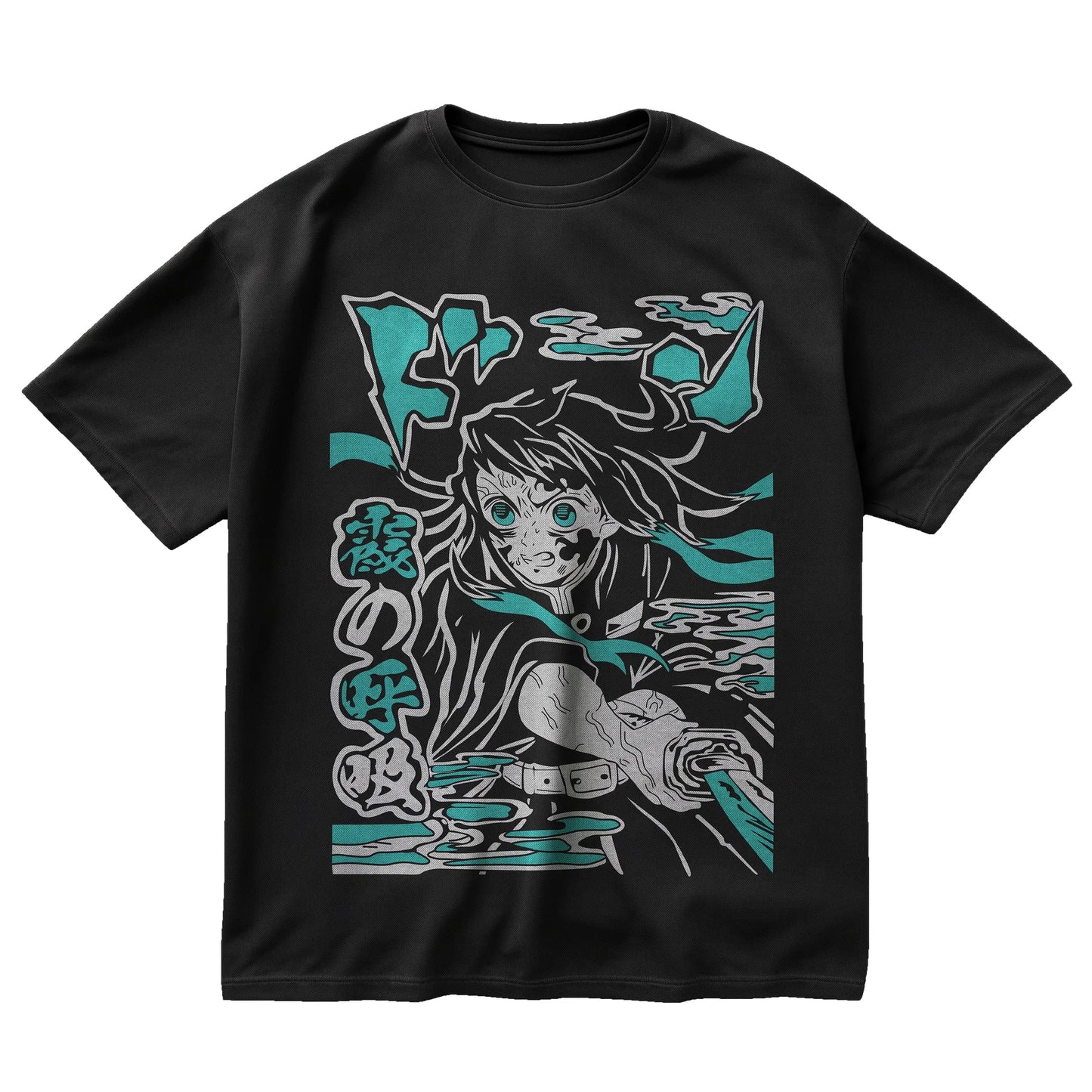 Muichiro Tokito t-shirt from Demon Slayer with Mist Breathing pose and traditional Japanese fog design