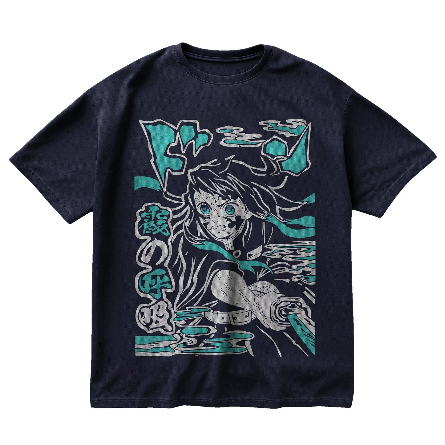 Muichiro Tokito navy t-shirt from Demon Slayer with Mist Breathing pose and traditional Japanese fog design