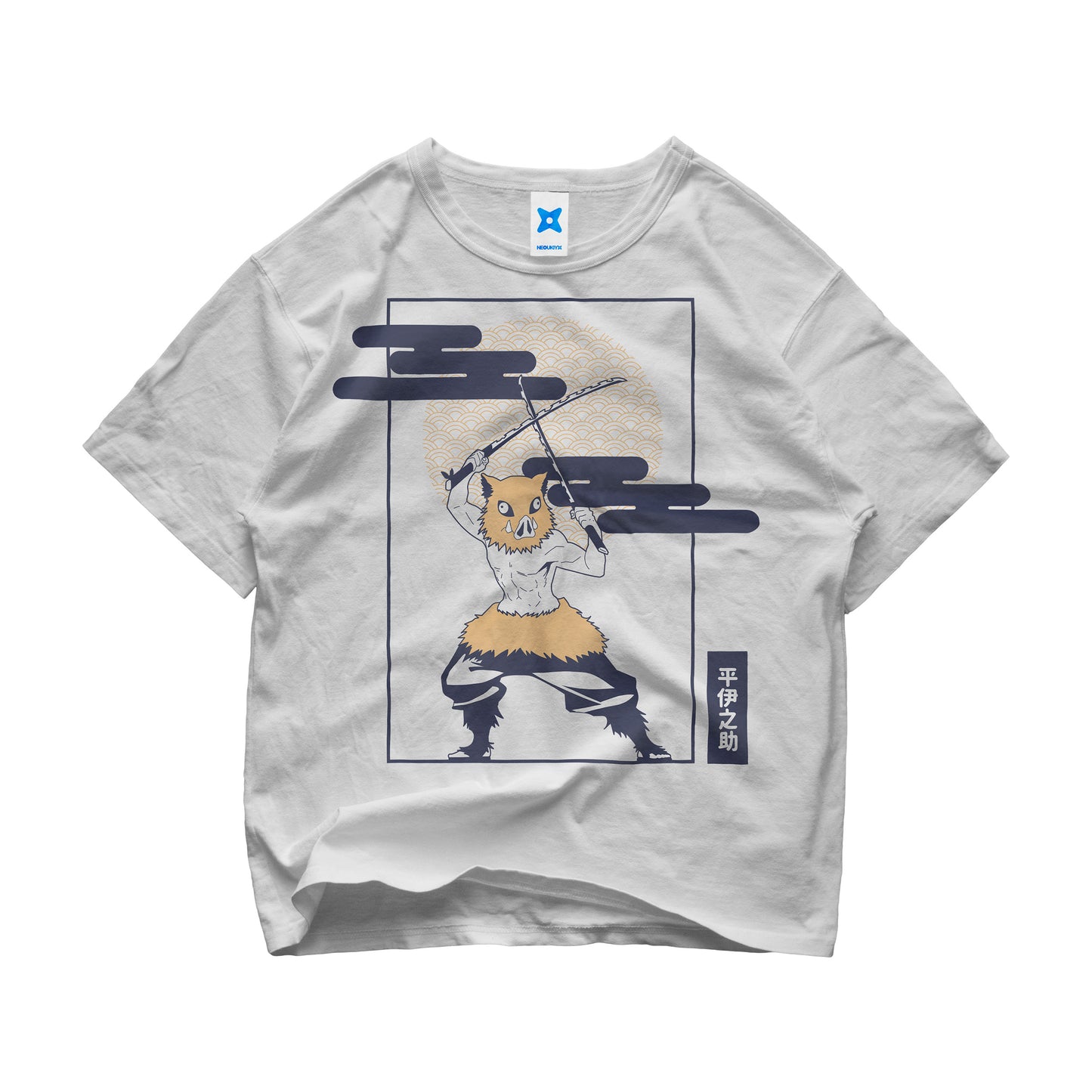 Inosuke Hashibira Demon Slayer t-shirt in traditional ukiyo-e Japanese art style with boar mask and swords