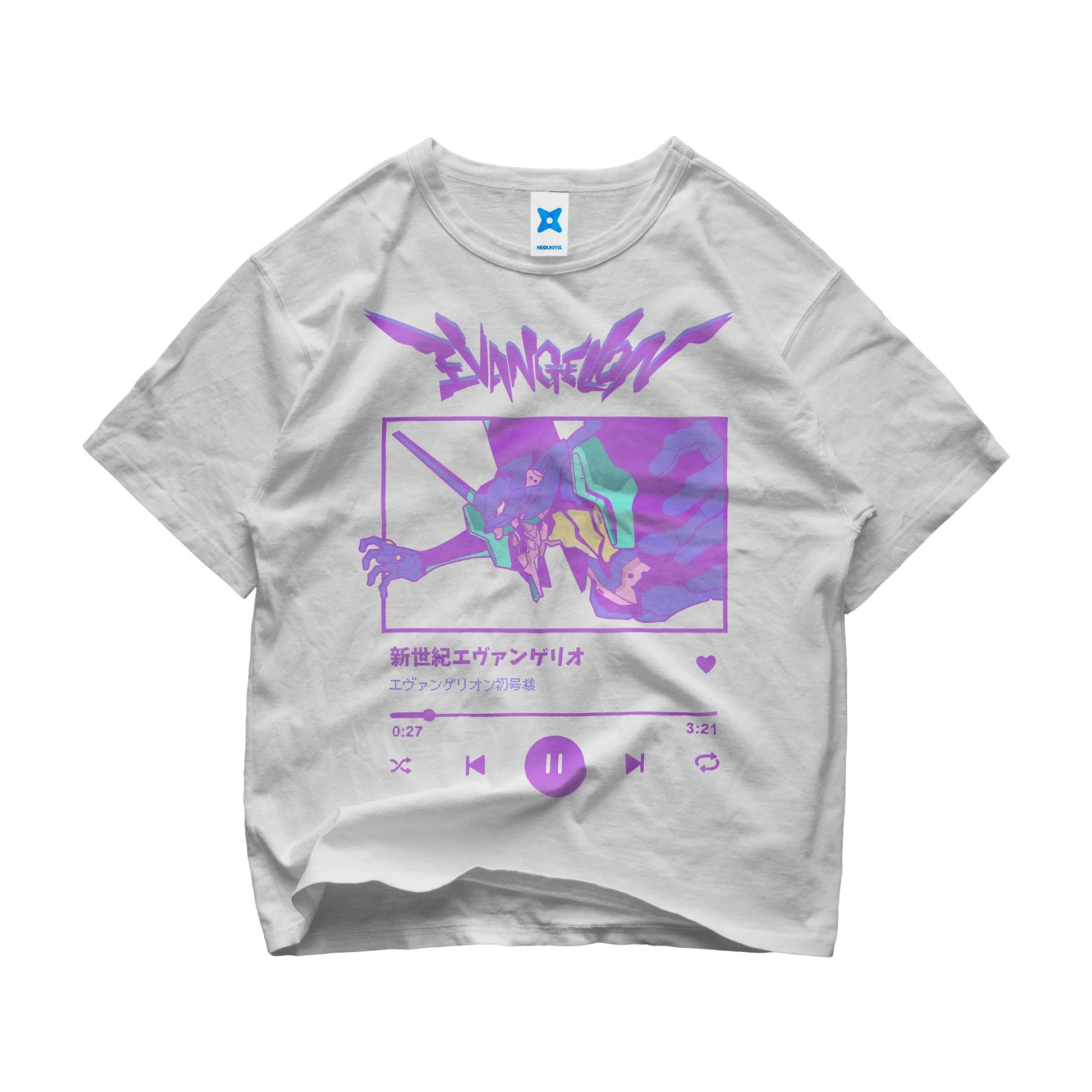Evangelion vaporwave t-shirt with Eva Unit-01 in purple aesthetic and music player design