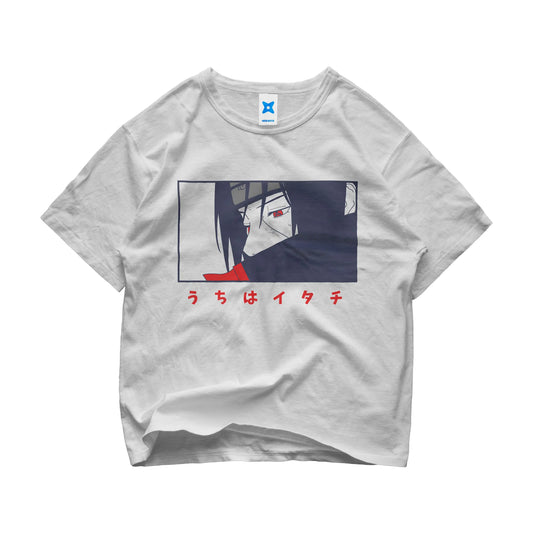Itachi Uchiha t-shirt with Sharingan eyes and Japanese text 